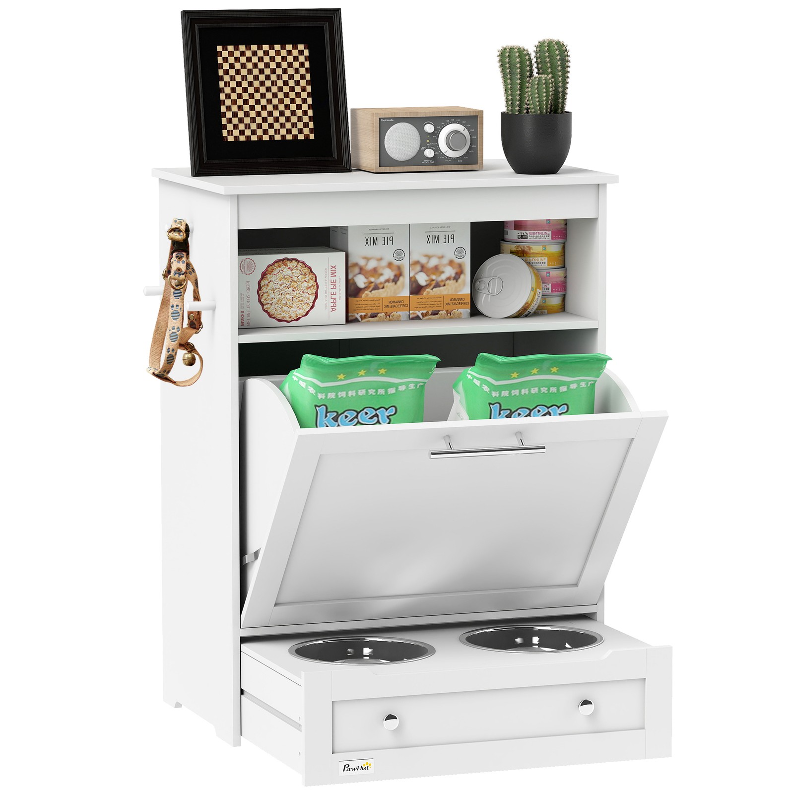 Food Storage In Cabinets - สถานีให้อาหารสัตว์เลี้ยง, ตู้เก็บอาหารสำหรับสุนัขและแมว, ตู้เก็บอาหารสีขาว