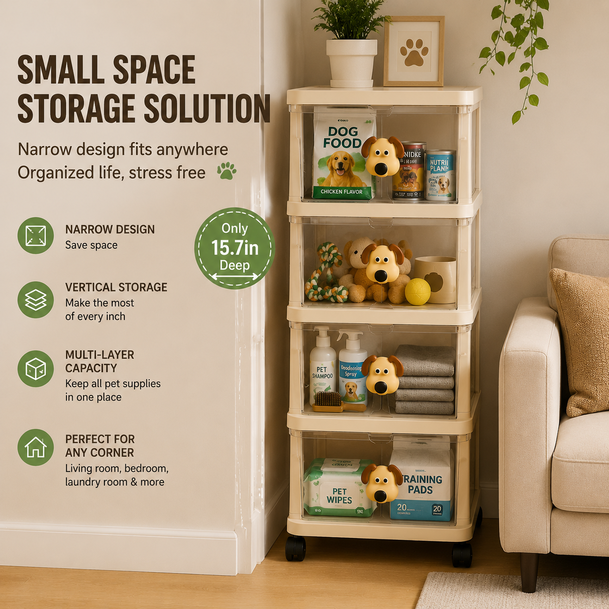 Food Storage In Cabinets - ตู้เก็บของสำหรับสัตว์เลี้ยง 4 ชั้น พร้อมลิ้นชักและล้อเลื่อน ชั้นวางของสำหรับอุปกรณ์สัตว์เลี้ยงความจุขนาดใหญ่ ตู้เก็บของกันน้ำทำจากพลาสติก