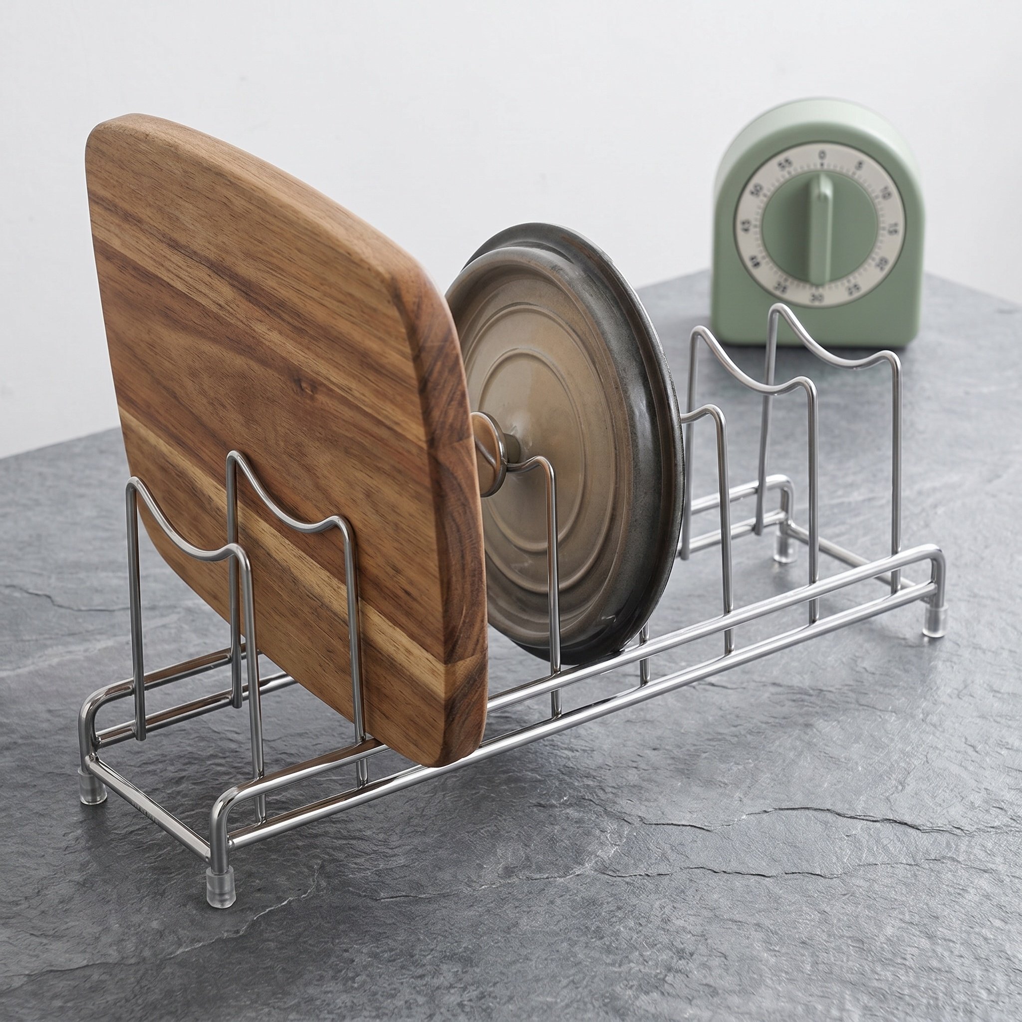 Food Storage In Stainless Steel - ชั้นวางฝาหม้อสแตนเลส 9 ช่อง สำหรับจัดเก็บฝาหม้อในตู้ครัว ที่วางเขียง และอุปกรณ์อบขนม