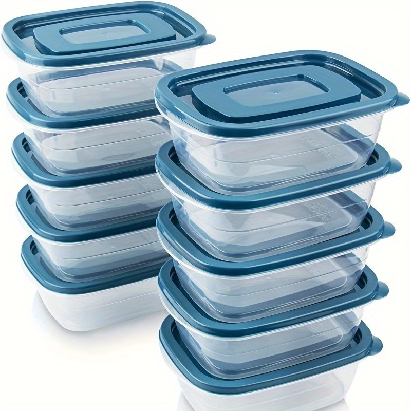 Food Storage Order - ชุดภาชนะเก็บอาหารพลาสติกใสแบบซ้อนได้ 6 ชิ้น พร้อมฝาสีน้ำเงินและเครื่องหมายบอกปริมาณ—นำกลับมาใช้ใหม่ได้ ใช้กับเครื่องล้างจานได้