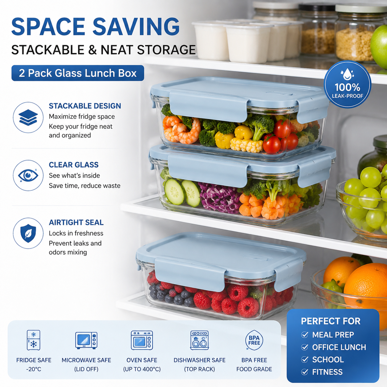 Food Storage Order - กล่องใส่อาหารแก้ว 2 ชิ้น ปลอดสาร BPA ปิดสนิท