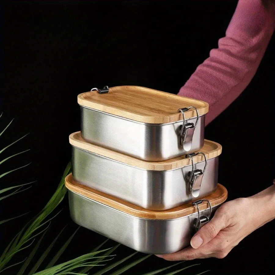 Food Storage In Stainless Steel - กล่องข้าวกลางวันฝาปิดทำจากไม้ไผ่สแตนเลสสตีล304ใหม่กล่องถนอมอาหารสไตล์ญี่ปุ่นกล่องข้าวกลางวันกล่องข้าวกลางวันกล่องเก็บอาหาร
