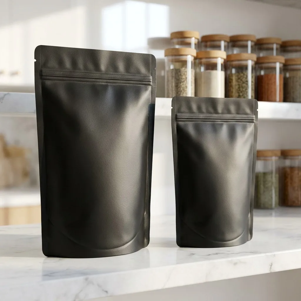 Best Food Storage - ถุงไมลาร์แบบตั้งได้สีดำด้านพรีเมียม 100 ชิ้น, ถุงซิปล็อคกันกลิ่นบุฟอยล์อะลูมิเนียม - เหมาะสำหรับเก็บกาแฟและอาหาร