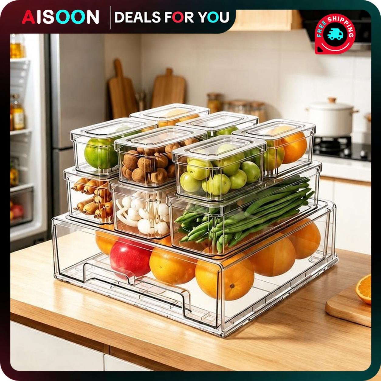 Food Storage In Cabinets - กล่องจัดระเบียบตู้เย็น 10/14 ชิ้น พร้อมฝาปิด ลิ้นชักแบบดึงออกได้ กล่องเก็บของพลาสติกใสแบบซ้อนกันได้