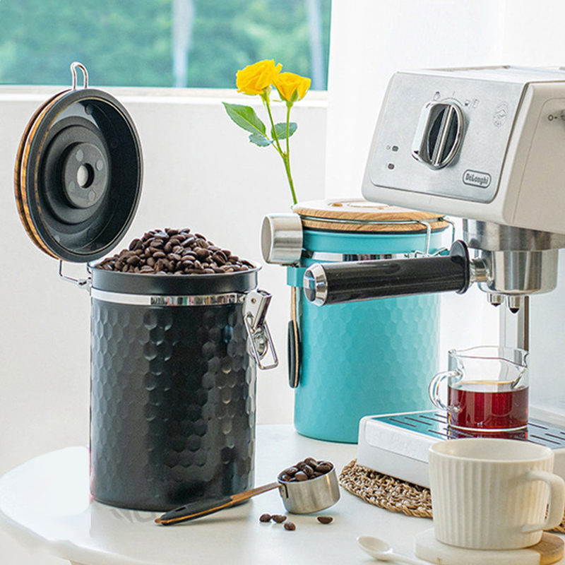 Food Storage In Stainless Steel - กระป๋องเก็บกาแฟสแตนเลสสำหรับครัว ปิดผนึกอย่างดี พร้อมที่ตัก