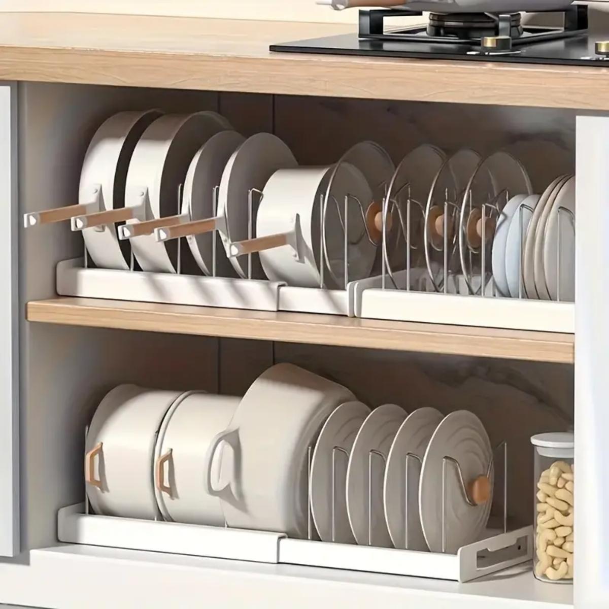 Food Storage In Cabinets - ที่จัดระเบียบหม้อและกระทะในครัวแบบขยายได้ ใต้ตู้ พร้อมตัวแบ่งปรับได้ 7 ช่อง กล่องเก็บอาหาร