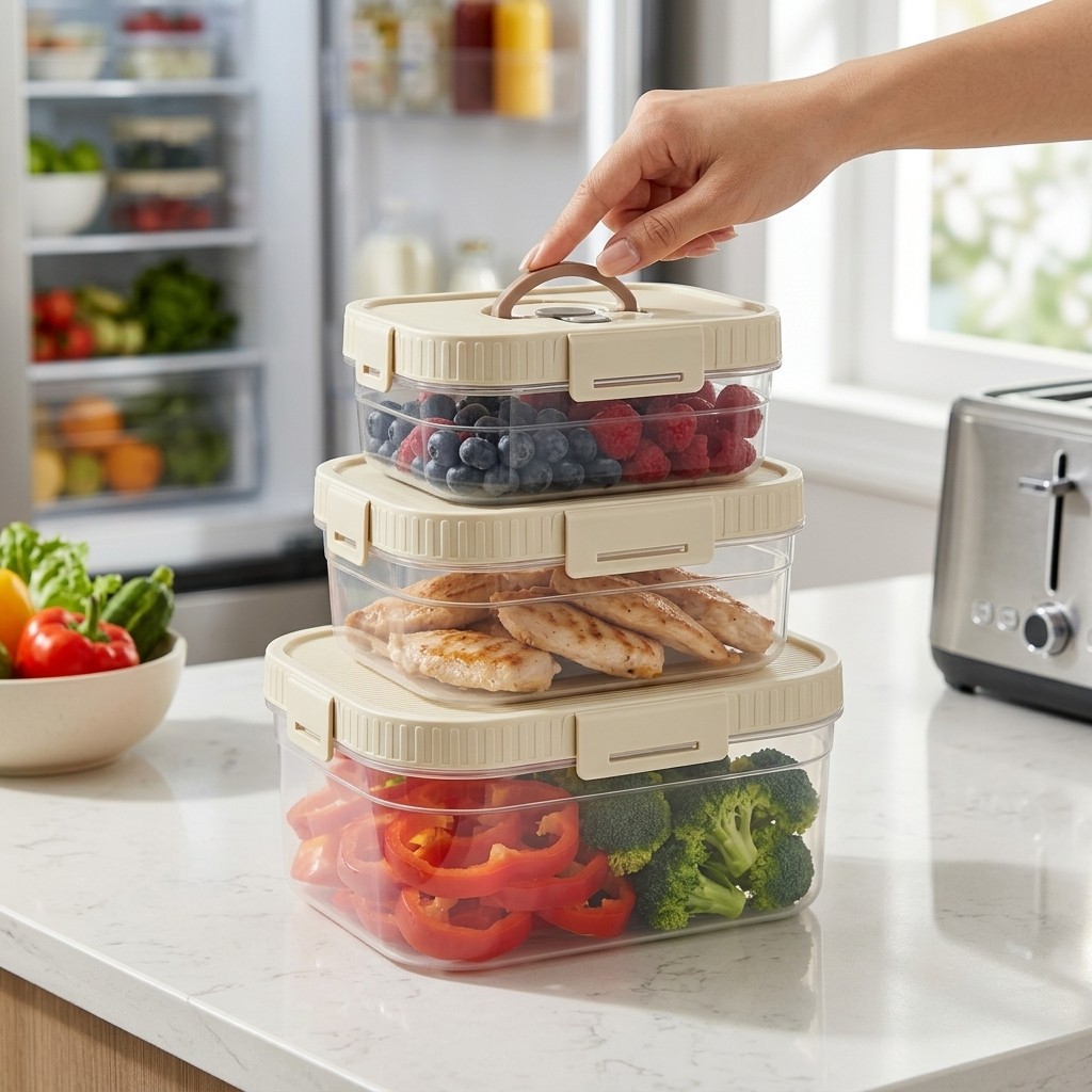 Food Storage Containers Plastic Box - กล่องเก็บอาหารแบบซ้อนได้พร้อมหูจับ ปิดผนึกกันรั่ว กล่องพลาสติกใสสำหรับเก็บรักษาความสด กล่องเก็บอาหารในตู้เย็น