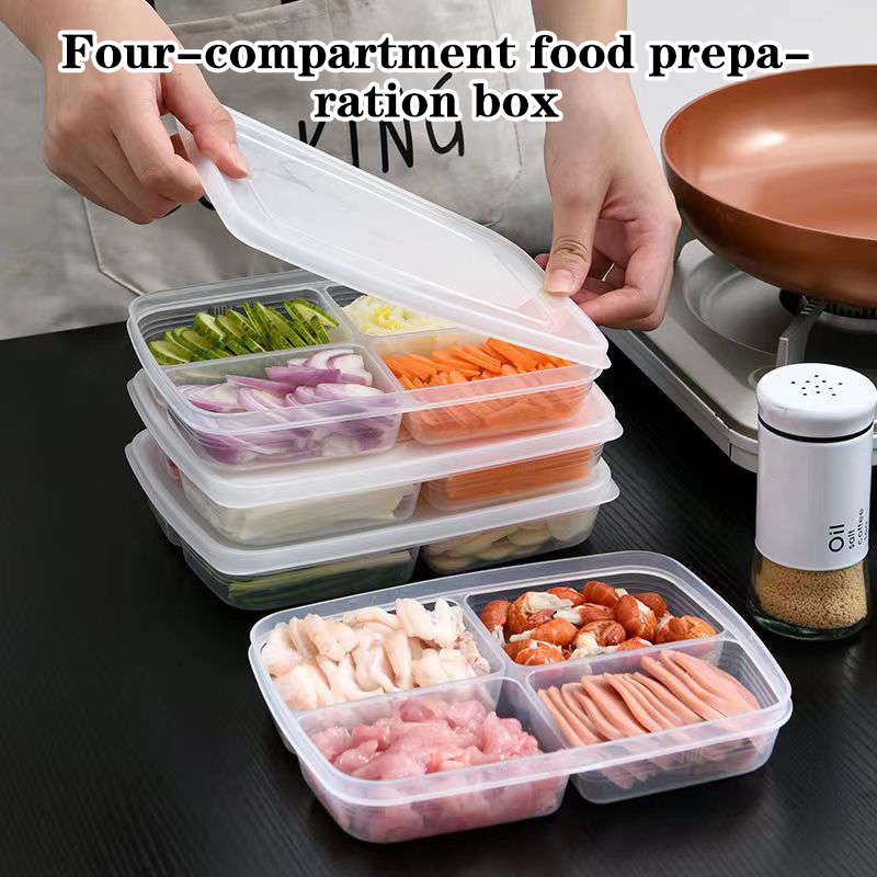 Food Storage Containers Plastic Box - ใหม่【กล่องเก็บของพลาสติก 4 ช่อง กล่องจัดระเบียบตู้เย็นแบบพกพา กล่องใส่อาหารผลไม้แบบแยกส่วน】