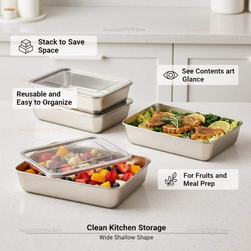 Food Storage In Stainless Steel - ถาดสแตนเลสพร้อมฝาปิด กล่องเก็บอาหาร ผลไม้ ฝาปิดแน่นสนิท กล่องเก็บของในครัว ตู้เย็น