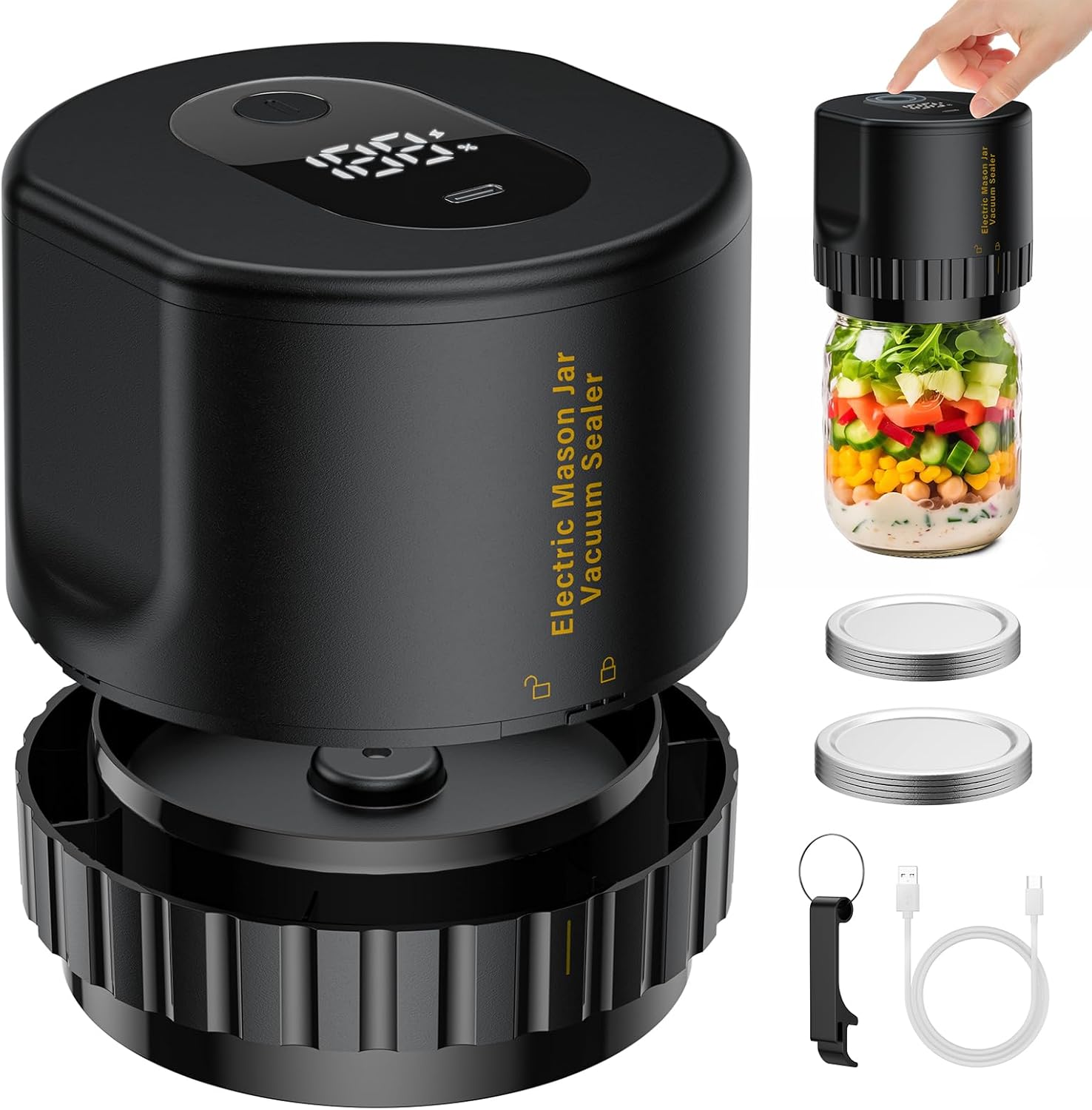 Food Storage Vacuum Sealer Machine - เครื่องซีลสูญญากาศไฟฟ้าสำหรับขวดโหล - ชุดเครื่องซีลสูญญากาศ Jelife สำหรับขวดโหลปากกว้างและปากปกติ พร้อมฝาปิด