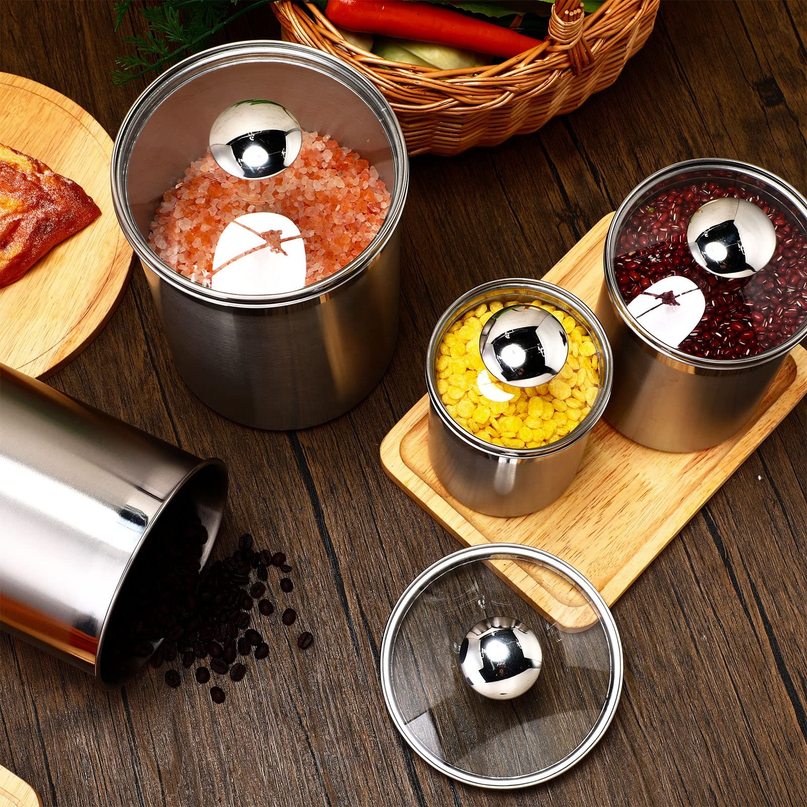 Food Storage In Stainless Steel - ชุดกระป๋องเก็บอาหารสแตนเลสสำหรับชา กาแฟ น้ำตาล แป้ง ปิดผนึกกันอากาศ พร้อมฝาแก้ว