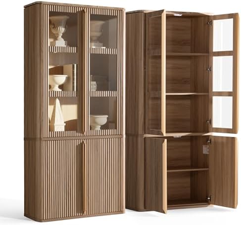 Food Storage In Cabinets - ตู้เก็บของสูง 77 นิ้ว พร้อมประตูกระจก ตู้เก็บของแบบมีร่อง ลายไม้โอ๊ค