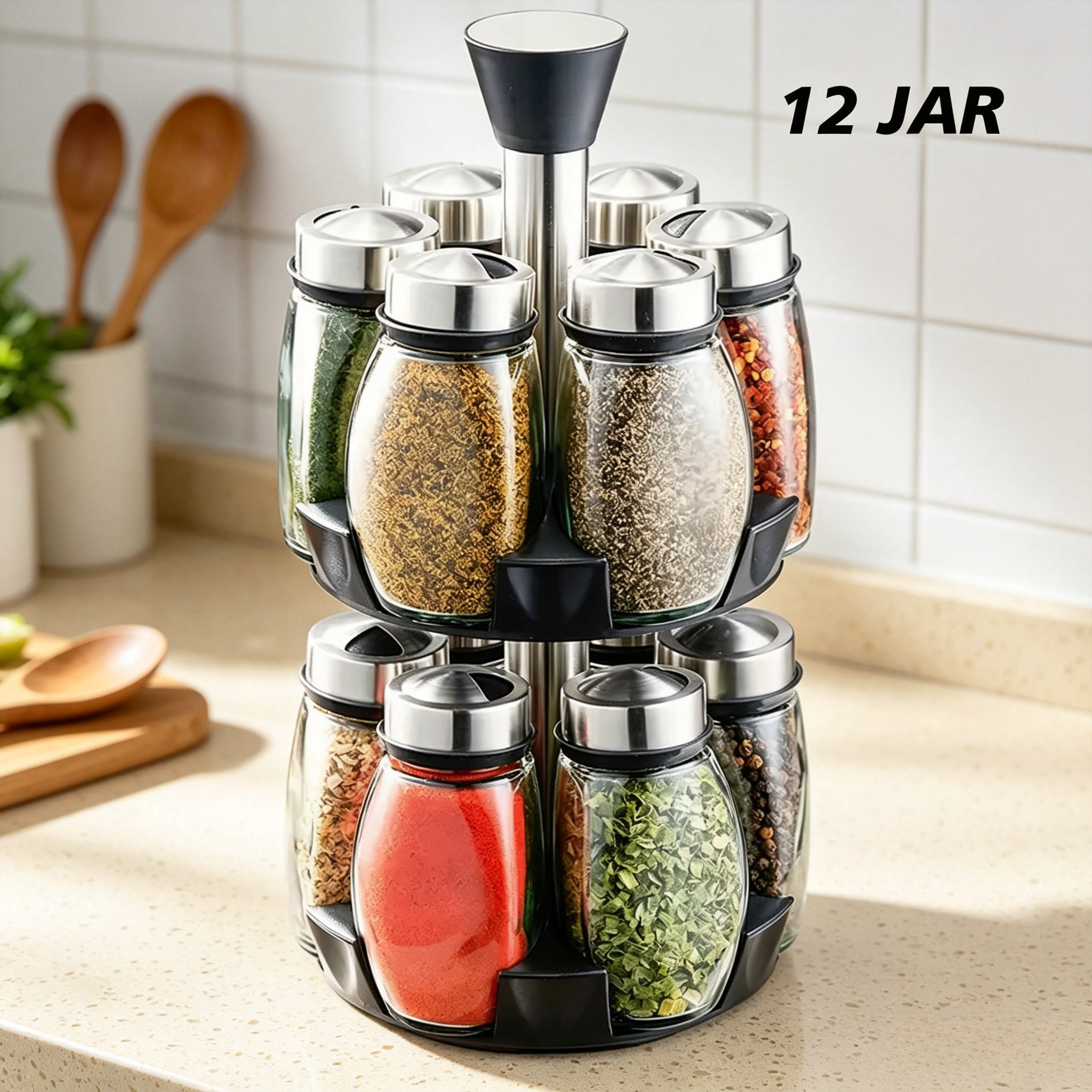 Food Storage In Cabinets - 360 ° ชั้นวางเครื่องเทศแบบหมุนได้, ชั้นวางเครื่องปรุงขนาดใหญ่ 12 กระปุกพร้อมขวดแก้ว,