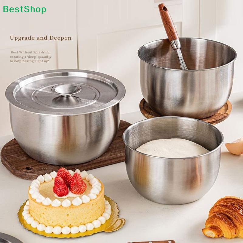 Food Storage In Stainless Steel - ♪ ชามผสมสแตนเลสแบบลึกพร้อมฝาปิด ชามโลหะกันลื่นสำหรับการอบ การทำอาหาร การพักแป้ง และการเก็บอาหาร