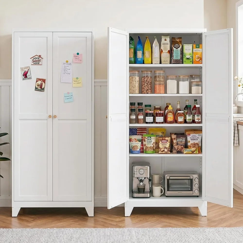 Food Storage Kitchen Cabinet - ตู้เก็บของในครัวโลหะขนาด 71 นิ้ว พร้อมมือจับคู่และขาปรับระดับได้ ตู้เก็บของแบบตั้งพื้นพร้อมบานประตูและชั้นวางปรับระดับได้ 4