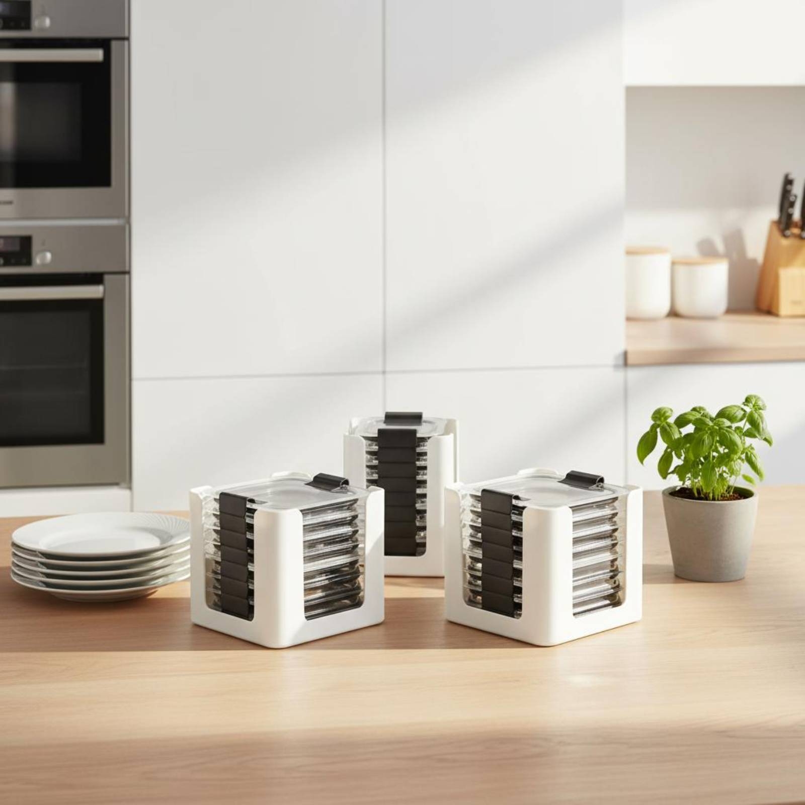 Food Storage In Cabinets - ชั้นวางฝาปิดภาชนะ 3 ชิ้น สำหรับจัดเก็บฝาภาชนะทรงสี่เหลี่ยมผืนผ้า ช่องเปิดทรงกลม-สี่เหลี่ยม ปลอดสาร