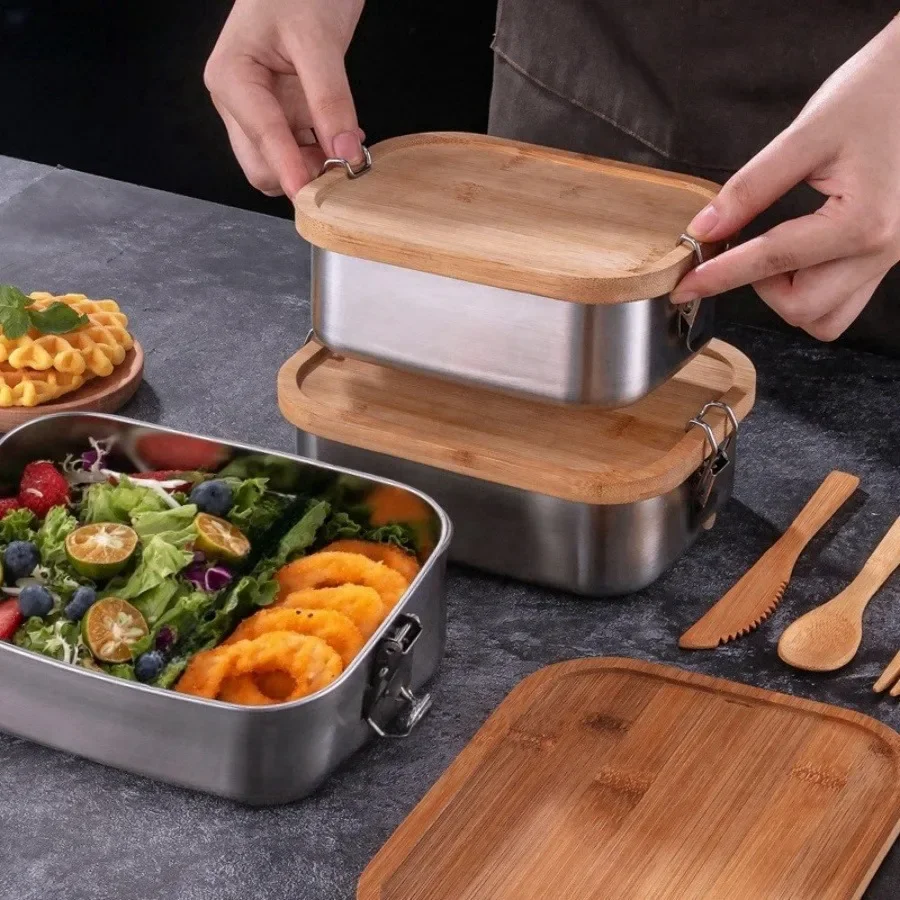 กล่องข้าวกลางวันฝาปิดทำจากไม้ไ - Food Storage In Stainless Steel บทวิจารณ์และราคา